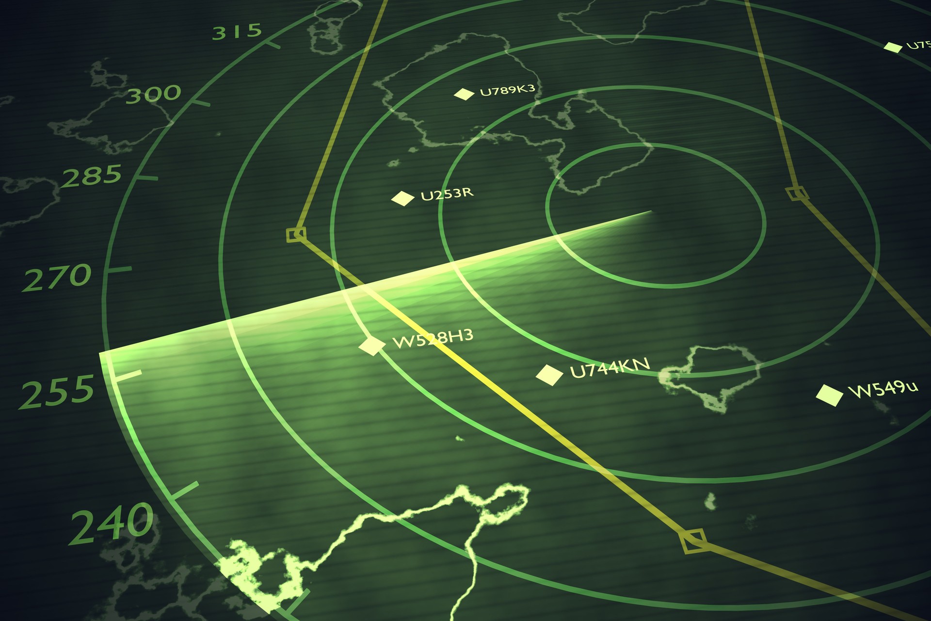 Military radar screen is scanning air traffic. 3D rendered illustration.
